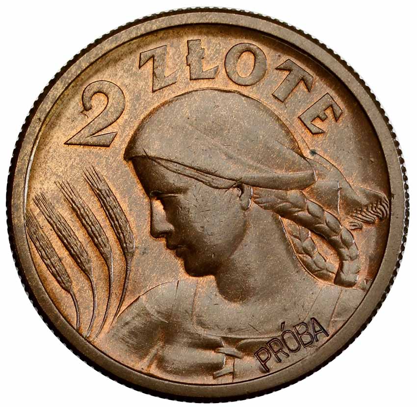 II RP 2 złote 1927, wklęsły napis PRÓBA, miedź z kolekcji Włodzimierza Głuchowskiego